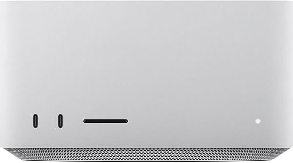 Silver Apple Mac Studio M3 Ultra desktop computer shown from a slight front angle on a a clean workspace.